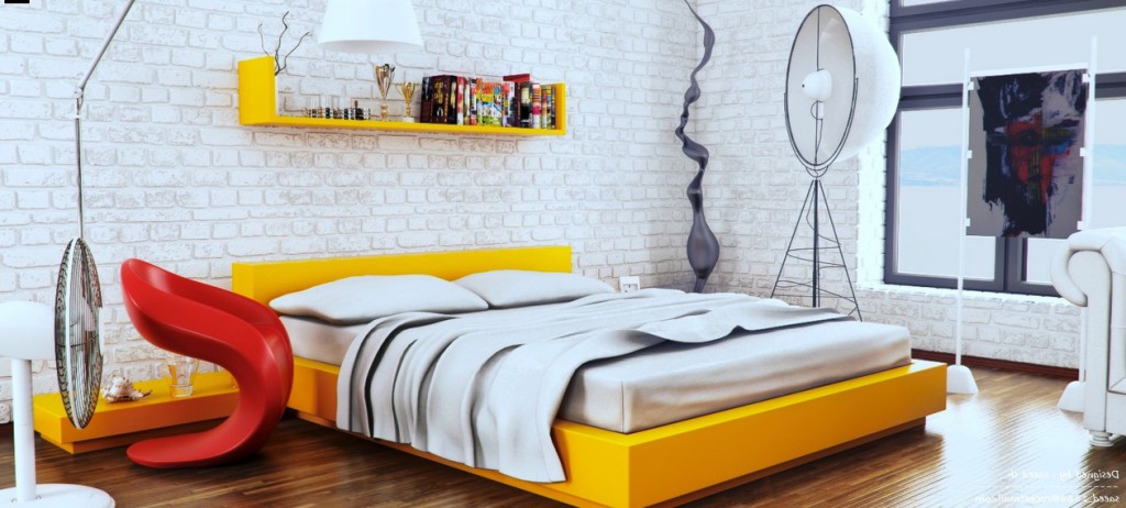 Бело-желтая спальня в стиле лофт